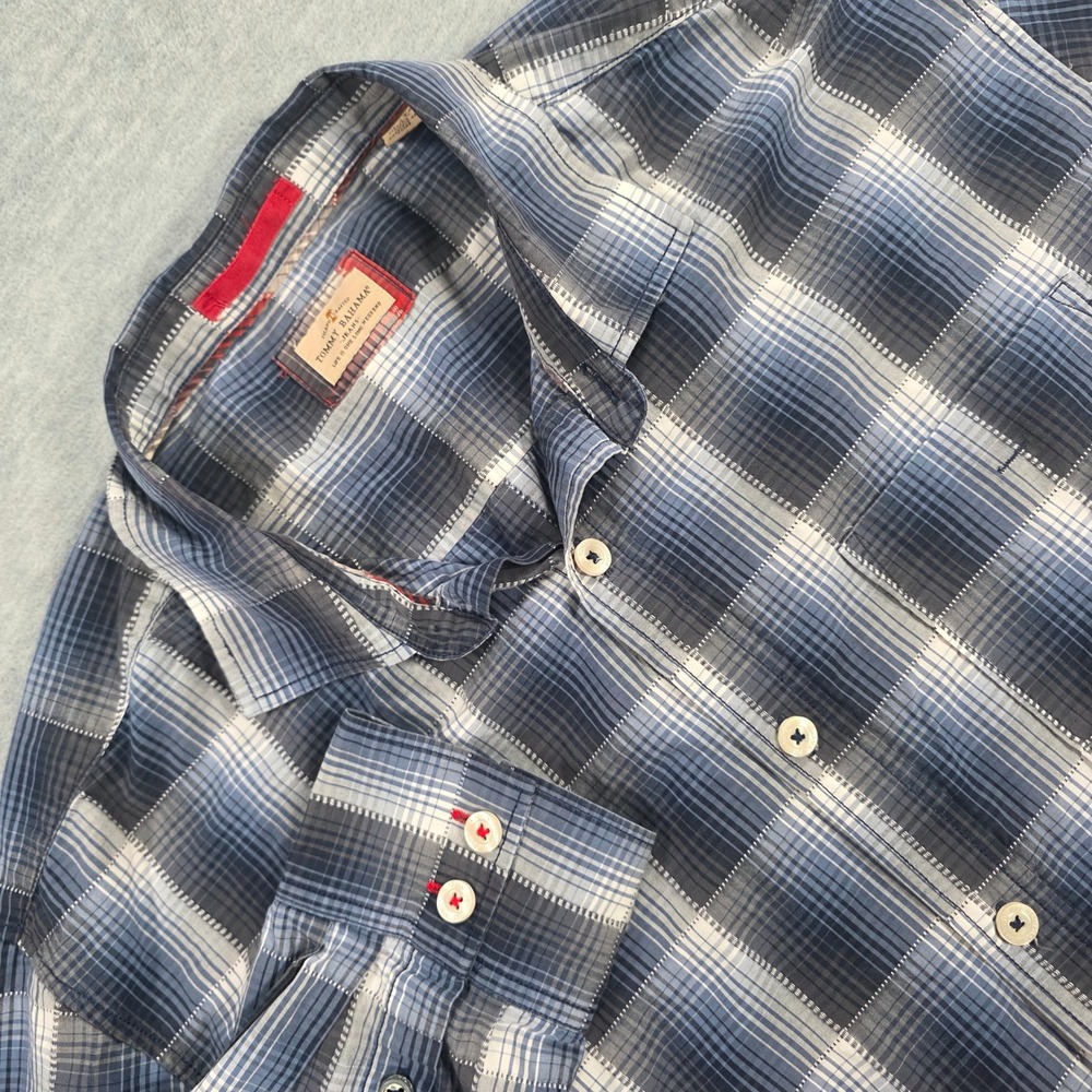Tommy Bahama Relax Weekend Mens XL Blue Plaid Patchwork Cotton Button Down Shirt